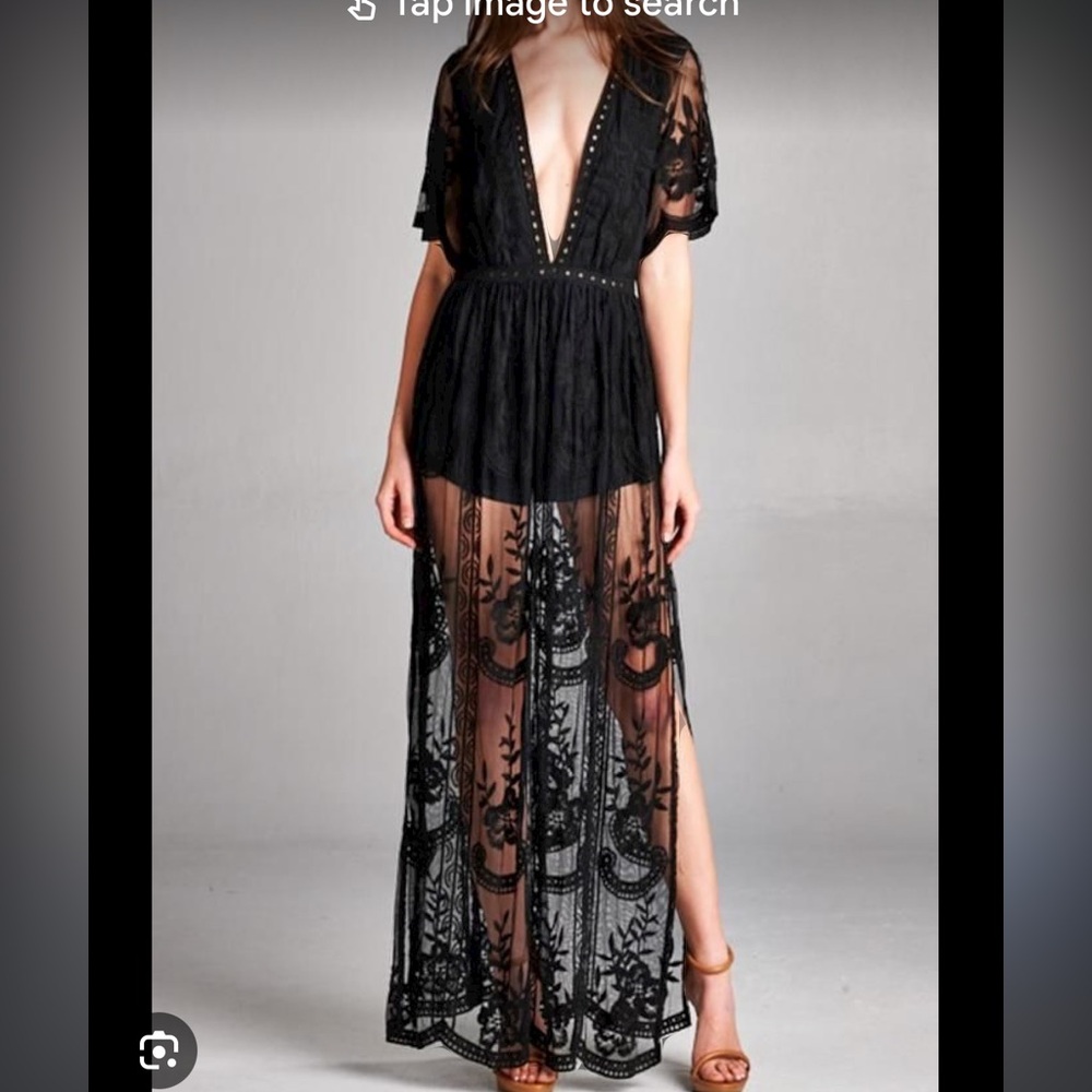Black short romper with floral lace overlay. Size Small. NWT.